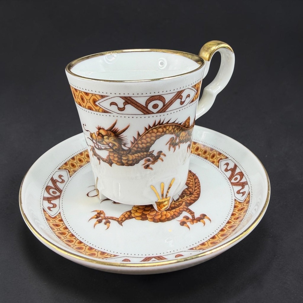 Bareuther Waldsassen Bavaria Germany Dragon Espresso Cup Saucer Set Orange Gold - Picture 2 of 16